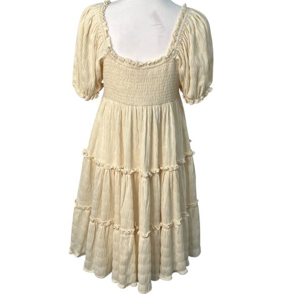 Easel Puff Sleeve Tiered Mini Babydoll Dress Ivory Small Flowy Romantic Boho NWT - Picture 3 of 12
